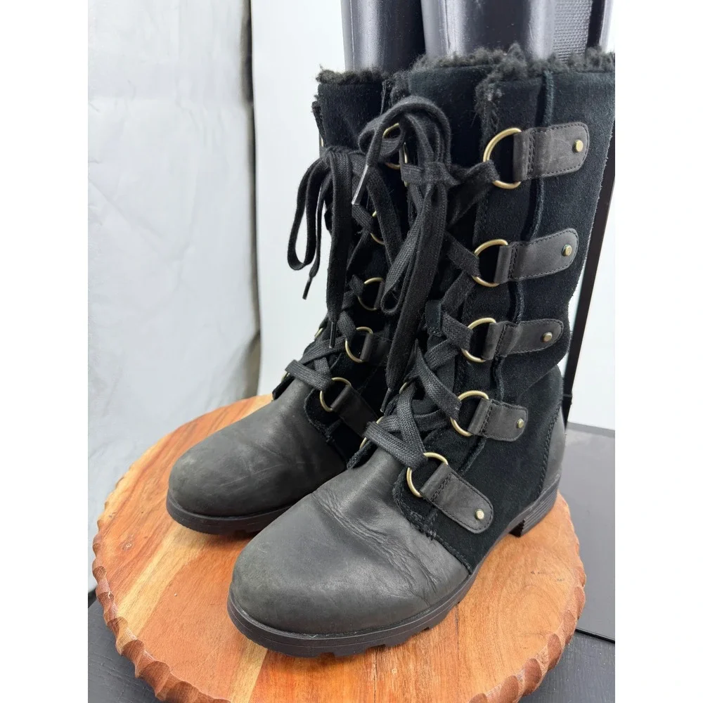 Sorel Emelie Boots Lace Up Winter Boots sz 8.5 Black Waterproof Leather NL2680
